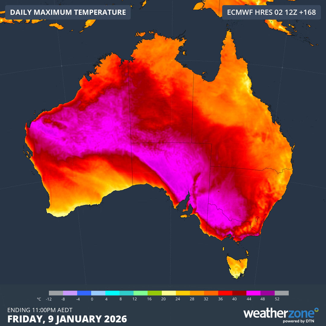 Image: Forecast maximum temperatures over Australia on Friday, January 9, 2025. Source: Weatherzone.