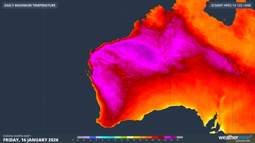 Image: The pink shading indicates extreme heat expected in WA on Friday, January 16, 2026 . Source: Weatherzone