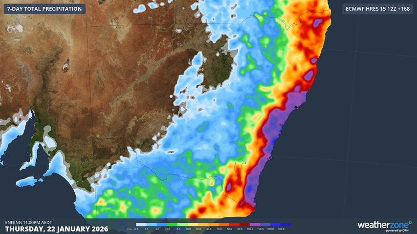 Image: Predicted NSW rainfall totals up until Thursday, January 22, 2026, according to the ECMWF model. Source: Weatherzone
