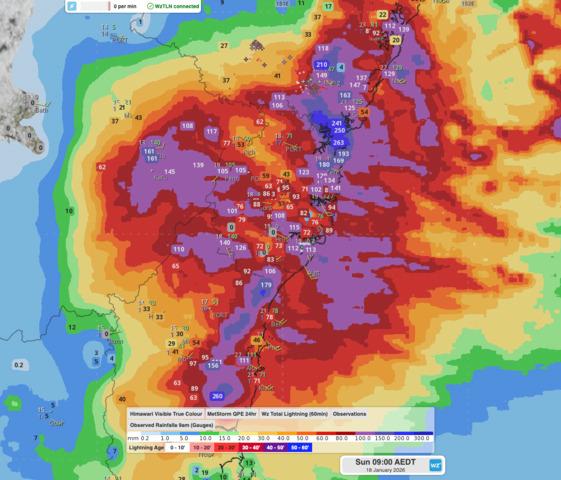 Image: Estimated 24-hour rainfall accumulations and rain gauge observations since 9am on Saturday across the Greater Sydney Metropolitan region. Source: Weatherzone