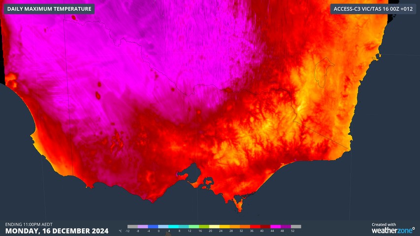 Image: Forecast maximum temperatures for Victoria and nearby areas on Monday, December 16. Source: Weatherzone