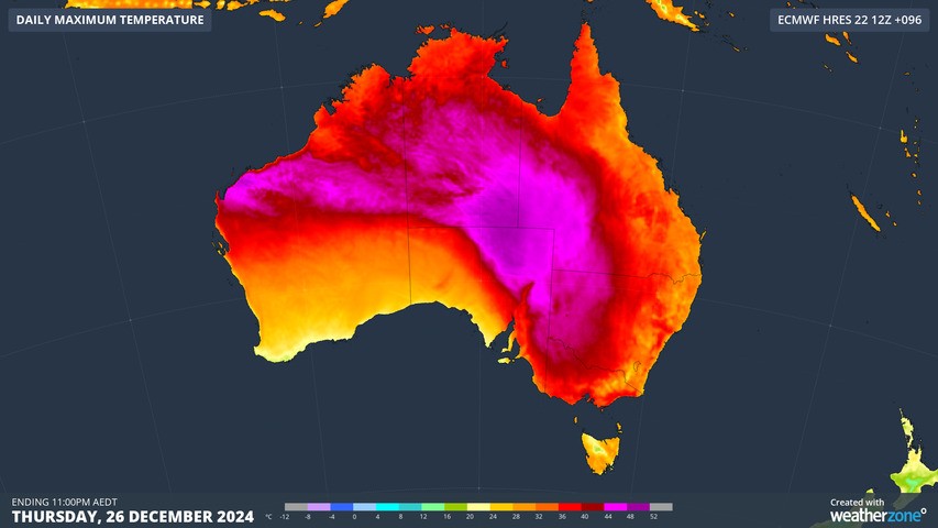 Image: Forecast maximum temperature on December 26, 2024. Source: Weatherzone.