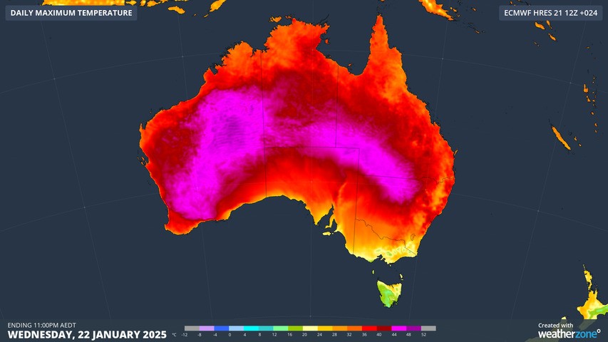 Image: A huge swathe of outback Australia will see maximums of 44°C or higher . Source: ECMWF with Weatherzone