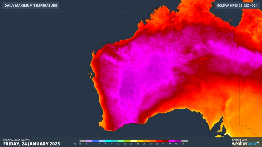 Image: Extreme heat of 45°C or higher reached all the way to WA's southern coastline. Source: Weatherzone