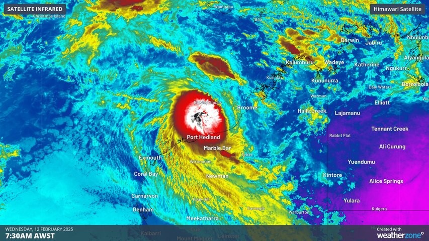 Image: Enhanced infrared satellite image showing deep convective clouds near Tropical Cyclone Zelia on Wednesday. Source: Weatherzone.
