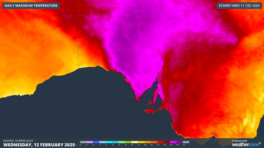 Image: A vast area of South Australia saw temperatures in the mid-to-high 40s on Feb 12, 2025. Source: Weatherzone
