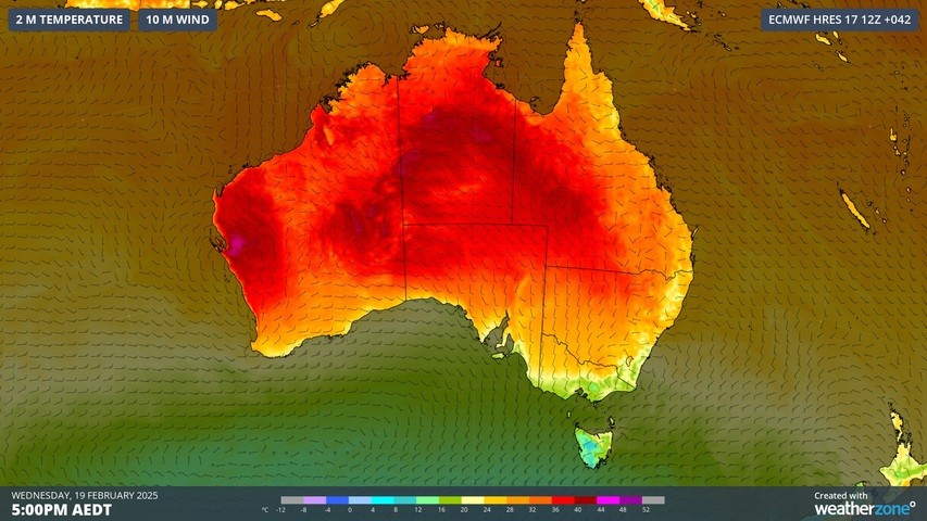 Image: Modelled air temperature and wind on Wednesday afternoon.. Source: Weatherzone.