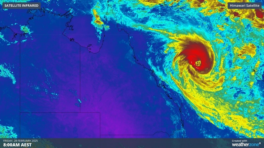 Image: Enhanced infrared satellite image showing severe Tropical Cyclone Alfred to the east of Queensland on Friday morning. Source: Weatherzone.