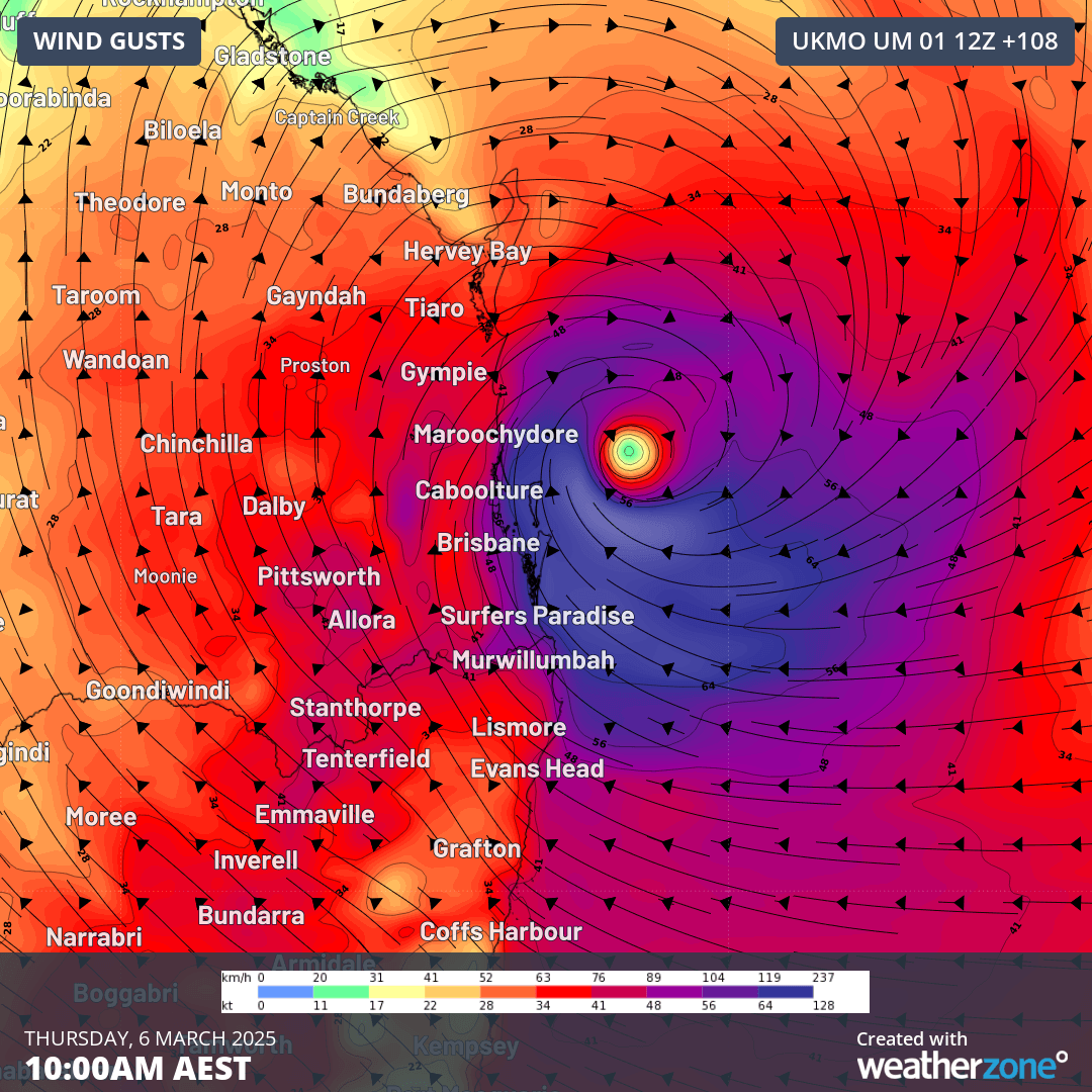 Image: Tropical Cyclone Alfred is now considered a high chance to push onto the southeast Queensland and northeast NSW coast this week as a category 1 or 2 strength system.. Source: Weatherzone