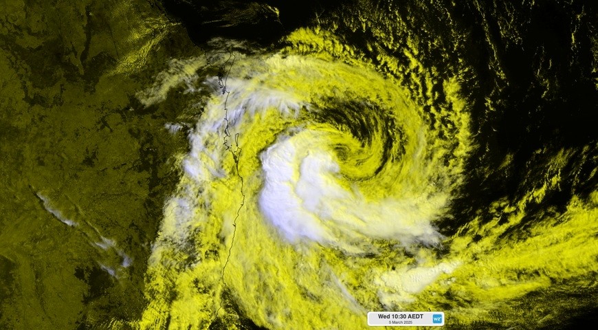Image: Composite visible-infrared satellite image showing Tropical Cyclone Alfred on Wednesday morning. Source: Weatherzone.