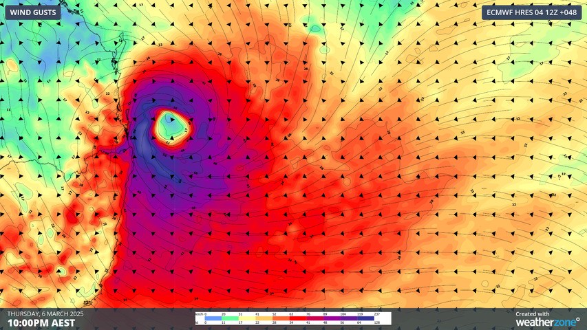 Image: Predicted strength of wind gusts associated with Tropical Cyclone Alfred for 10pm on Thursday, March 6. Source: Weatherzone
