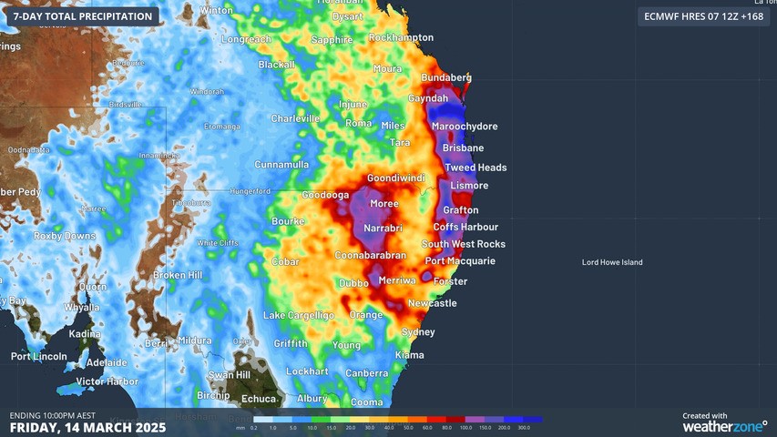 Image: Forecast accumulated rain over the next seven days. Source: Weatherzone.