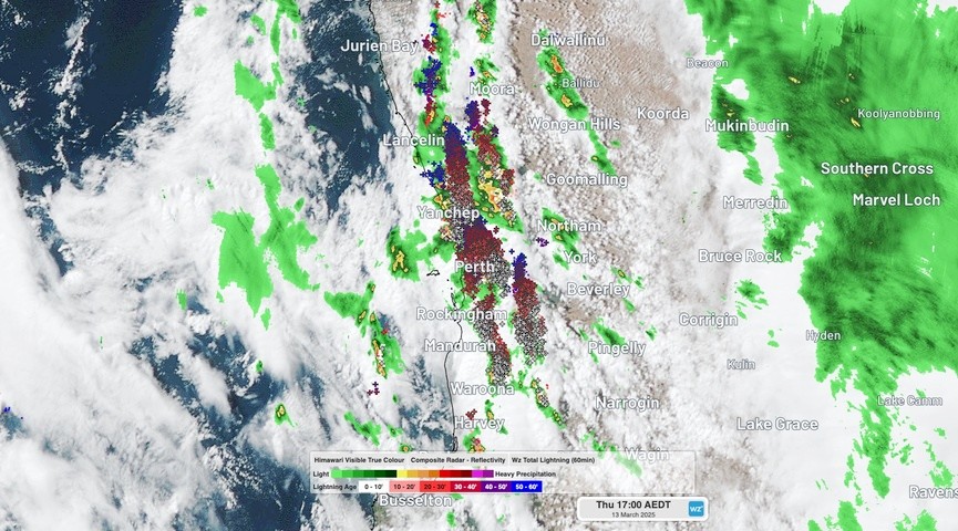 Image: Thunderstorms over Perth on Thursday. Source: Weatherzone.