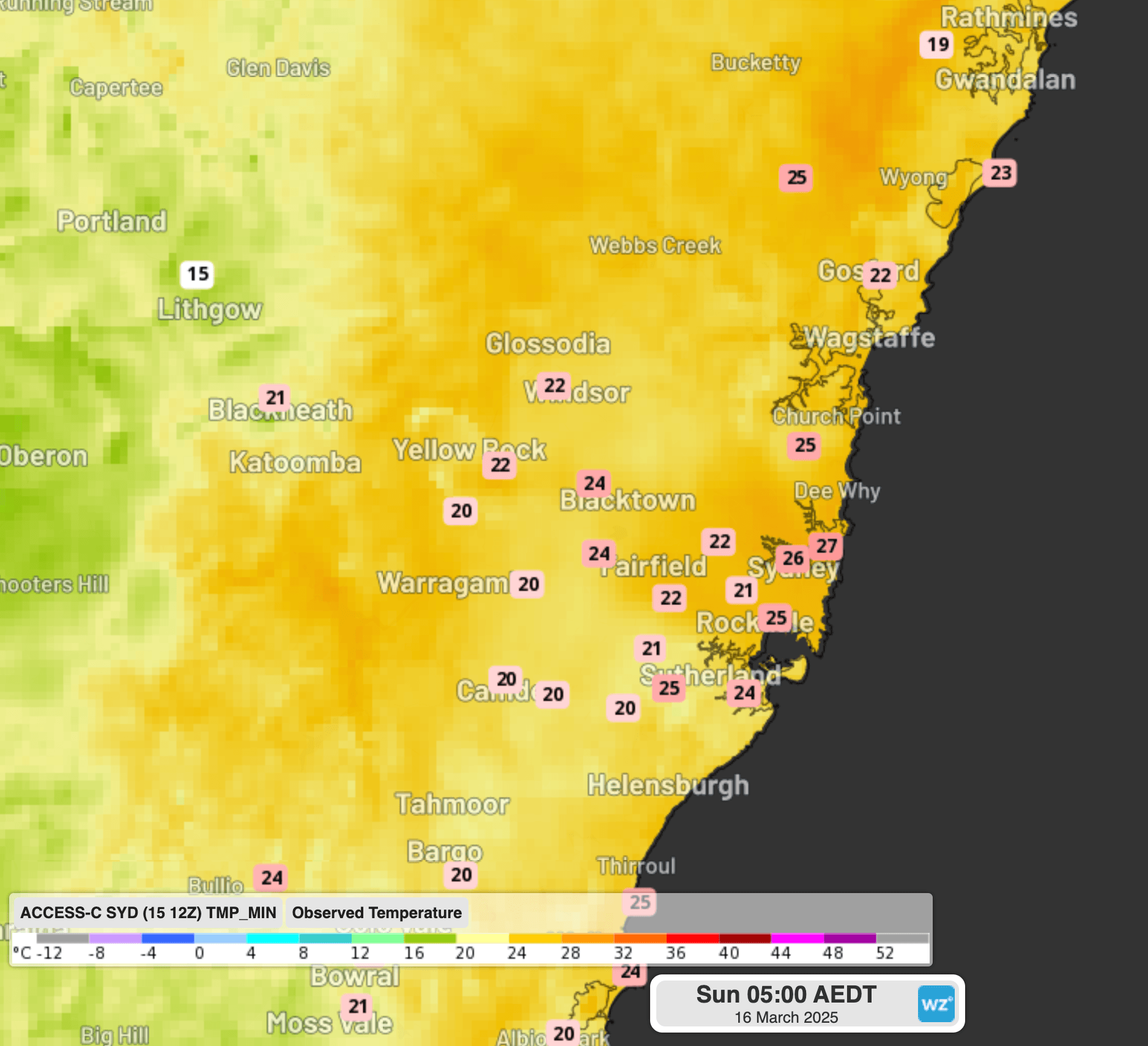 Image: Temperatures at 5am over the Sydney region. Source: Weatherzone