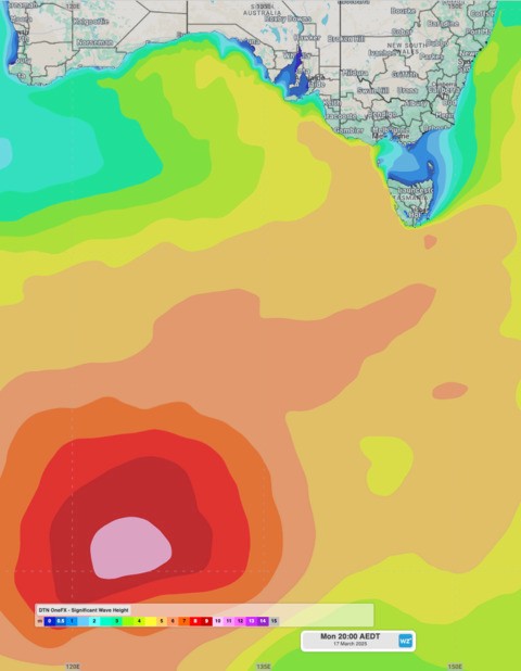 Image: DTN's OneFX Significant Wave Height forecast on Monday, March 17, afternoon.. Source: Weatherzone