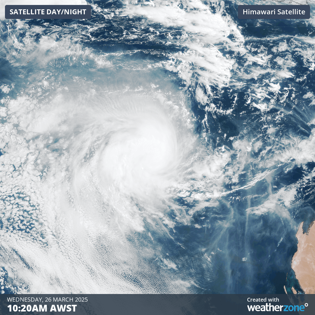 Image: Satellite image on Wednesday, March 26, showing Tropical Cyclone Courtney northwest of the Pilbara. Source: Weatherzone
