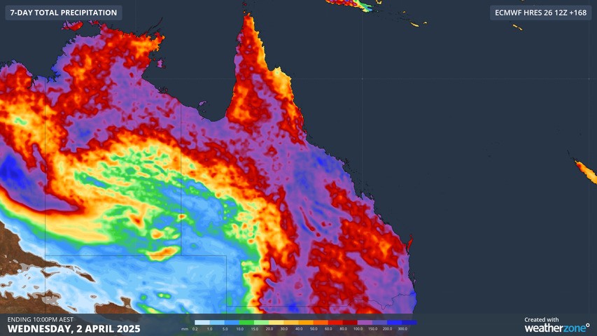 Image: Forecast weekly rainfall over Queensland. Source: Weatherzone.