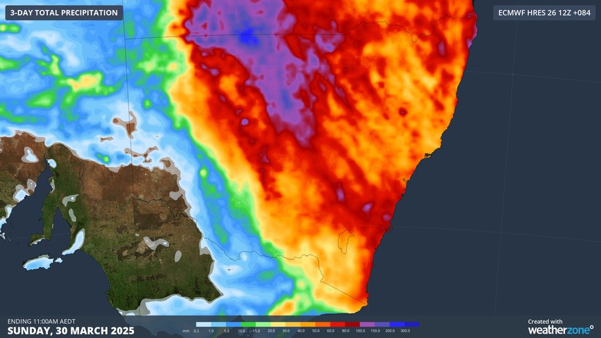 Image: Predicted rainfall across NSW to 11am on Sunday, March 30. Source: Weatherzone