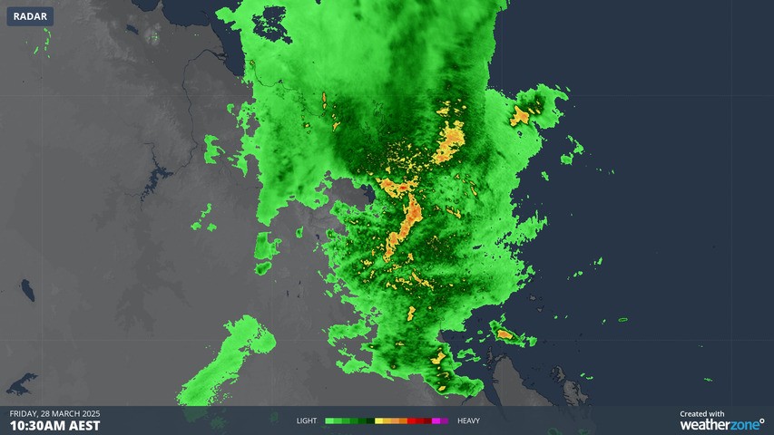 Image: Radar image showing rainfall concentrated over Mackay, Qld, on Friday, March 28. Source: Weatherzone