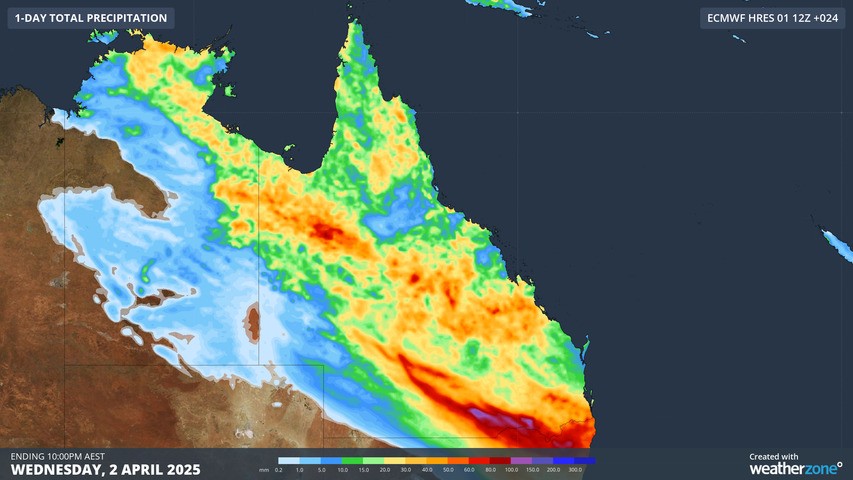 Image: The predicted rainfall accumulation map for this Wednesday, April 2, showed potential falls right across the state. Source: Weatherzone