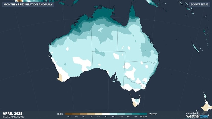 Image: Image: Forecast rainfall anomalies for April.. Source: Weatherzone