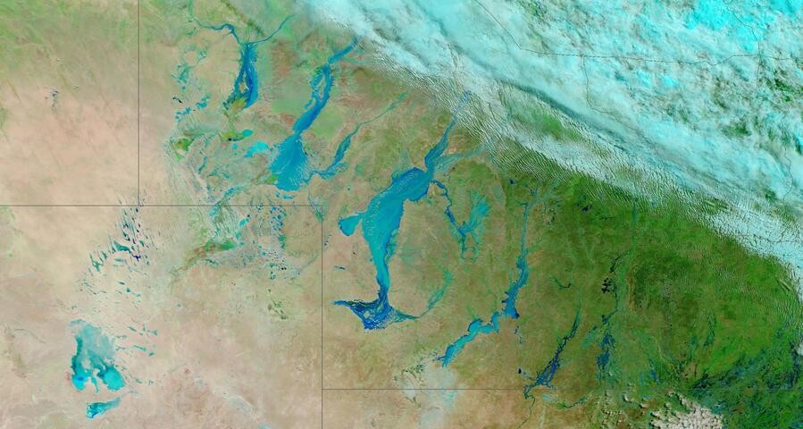 Image: False-colour satellite image showing flooding in southwest Queensland on Thursday, April 3. Source: NASA Worldview.