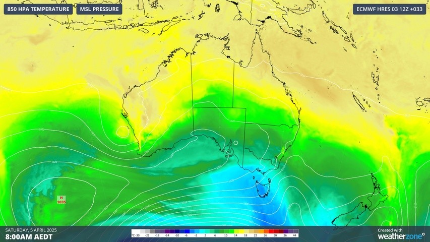 Image: Cold air spreading over Tasmania on Saturday morning. Source: Weatherzone.