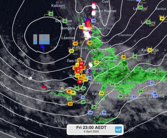 Image: Wind gusts (km/h), Perth area on Friday evening. Source: Weatherzone