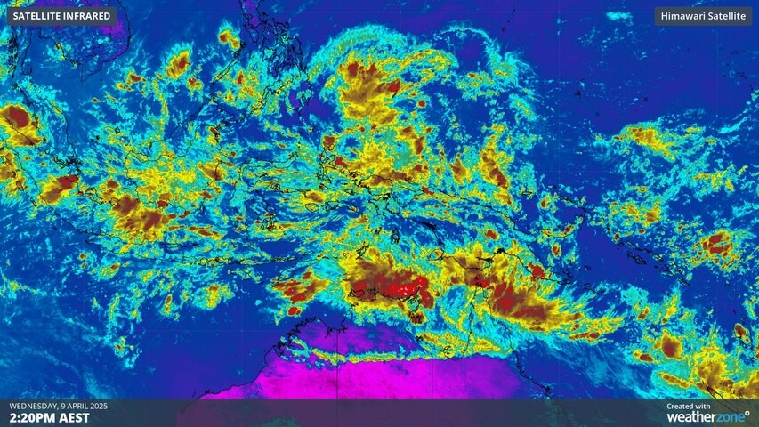 Image: Enhanced infrared satellite image showing enhanced cloudiness to the north of Australia on Wednesday. Source: Weatherzone.