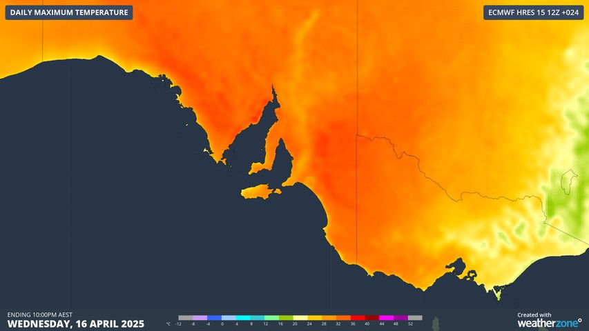Image: Predicted maximum temperatures for Wednesday, April 16, with Adelaide almost as hot as anywhere in the southern half of Australia. Source: Weatherzone