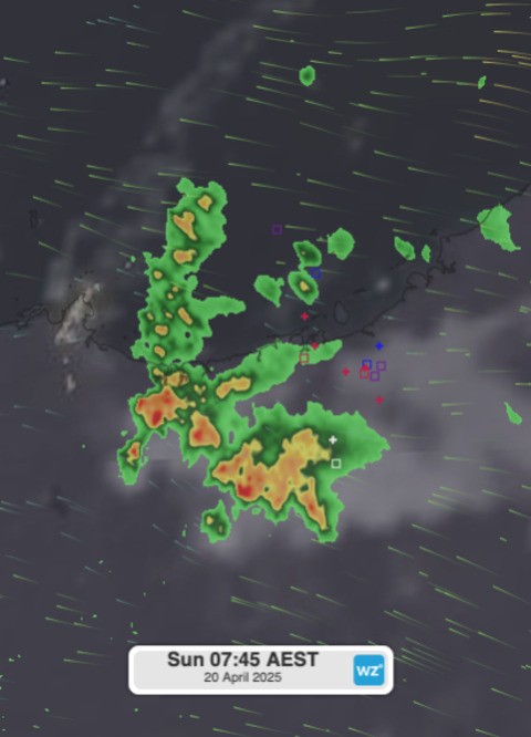 Image: The easter bunny is seen running to timezones further west during Sunday morning, dropping some easter eggs in its wake over the Pilbara as lightning strikes. Source: Himawari Satellite Imagery, Weatherzone