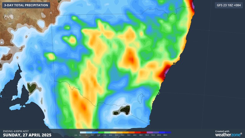 Image: Accumulated rainfall to 4pm on Sunday, 27 April over NSW. Source: Weatherzone