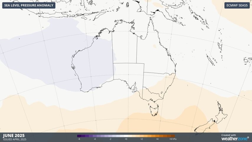 Image: Sea Level Pressure anomalies for June 2025. Source: Weatherzone