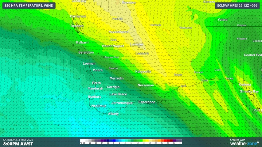 Image: Cold air spreading over southwestern Australia on Saturday. Source: Weatherzone.