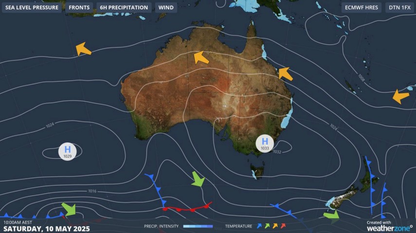 Image: Synoptic chart for the Australian region for Saturday, May 10, 2025. Source: Weatherzone
