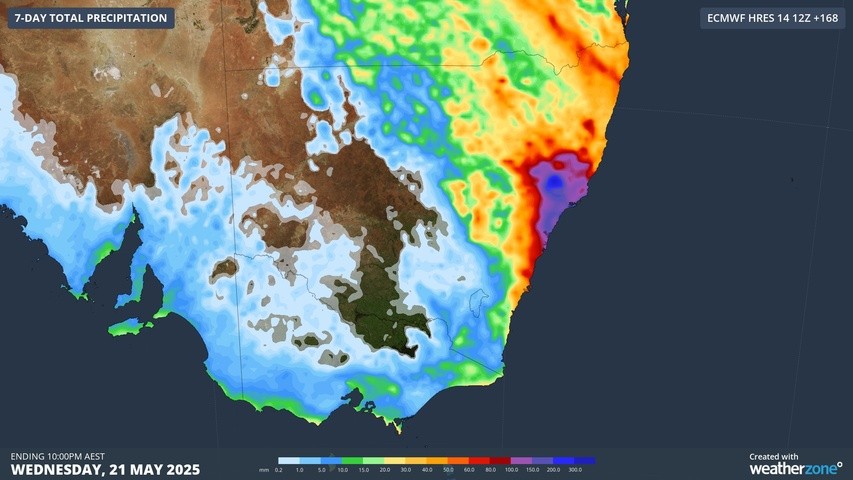 Image: Forecast accumulated rain over the next even days, showing heavy rain in eastern NSW. Source: Weatherzone.