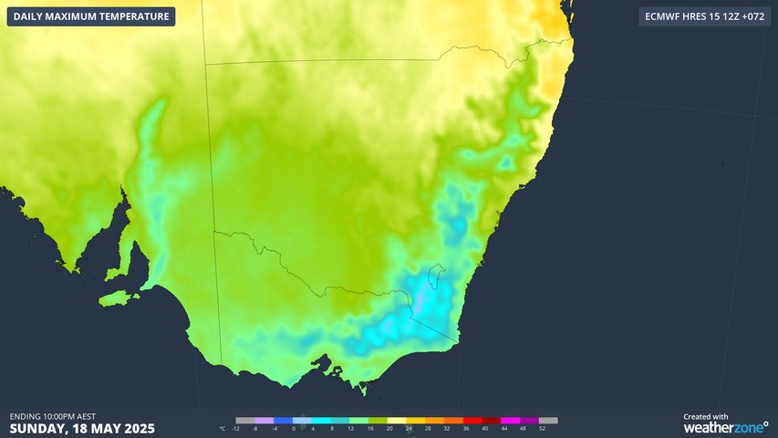 Image: Maximums will be very chilly right across the southeast on Sunday, and around zero in the mountains. Source: Weatherzone