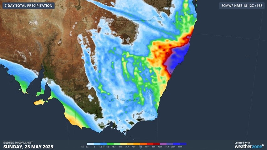 Image: Forecast heavy rain over eastern NSW this week. Source: Weatherzone.