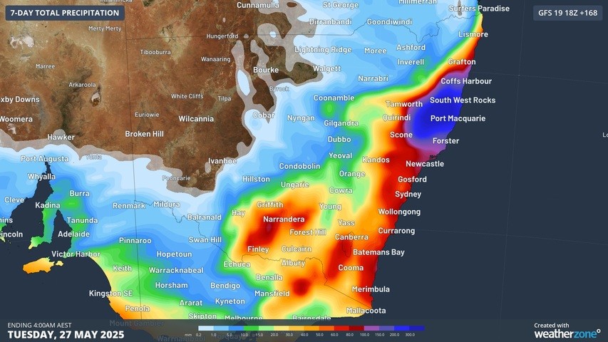 Image: Forecast rainfall over the next 7 days. Source: Weatherzone.