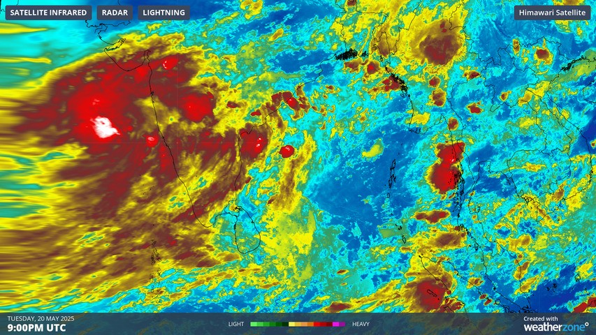 Image: Enhanced infrared satellite image showing enhanced cloudiness over southern India on Wednesday. Source: Weatherzone