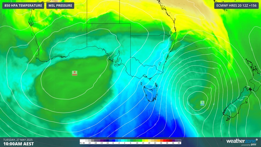 Image: The coldest tongue of air will surge northwards from Monday into Tuesday. Source: Weatherzone