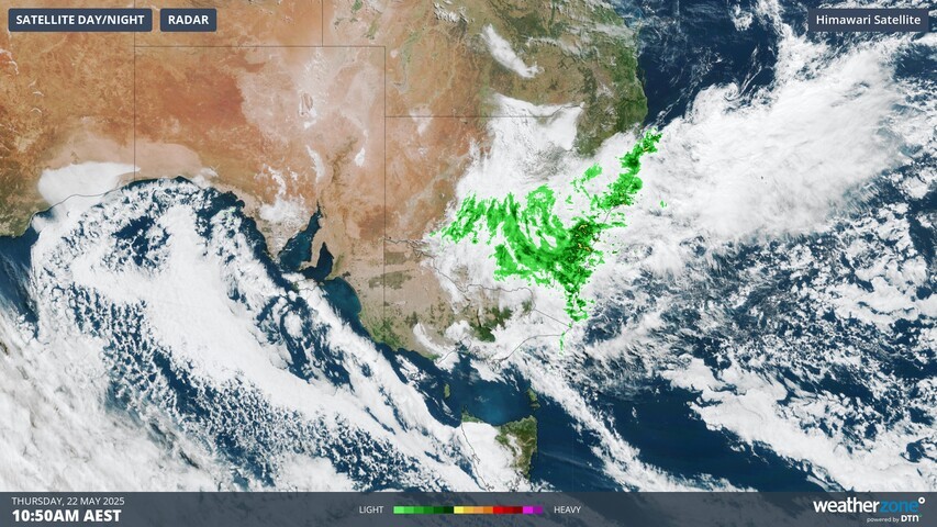 Image: Composite satellite and radar showing rain streaming over NSW on Thursday morning. Source: Weatherzone.