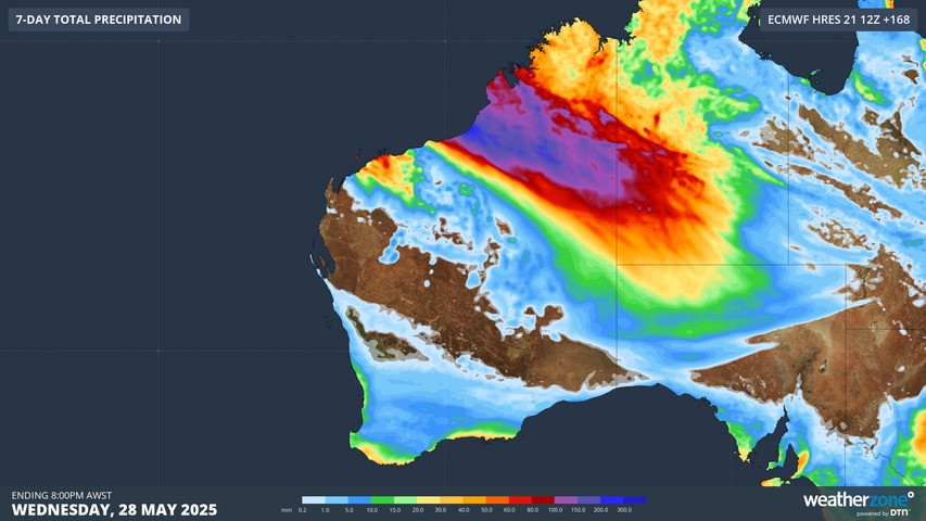 Image: Forecast rain in northwest and central Australia up until next Wednesday, May 28, according to the ECMWF model. Source: Weatherzone