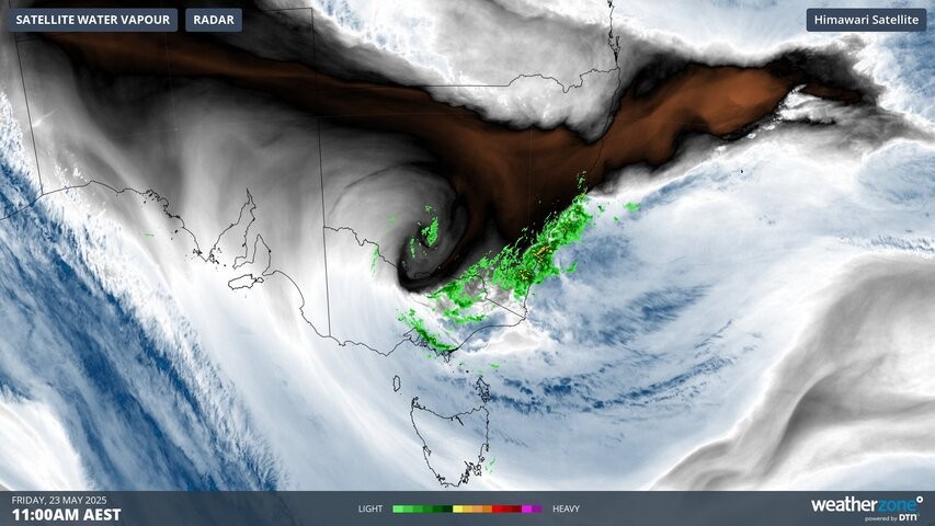 Image: Composite radar and water vapour satellite showing rain hitting NSW on Friday. Source: Weatherzone.