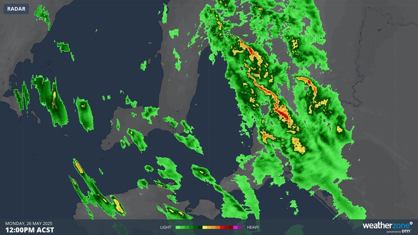Image: The first rainband crossing the Adelaide area at midday on Monday, May 26, 2025. Source: Weatherzone