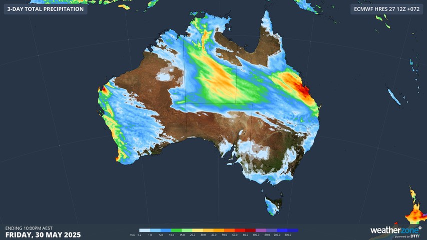 Image: Forecast accumulated rain over the next three days. Source: Weatherzone.