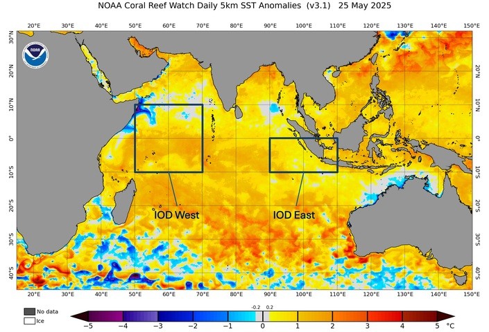 Image: Sea surface temperature anomalies across the Indian Ocean and the IOD monitoring regions on May 25, 2025. Source: NOAA.