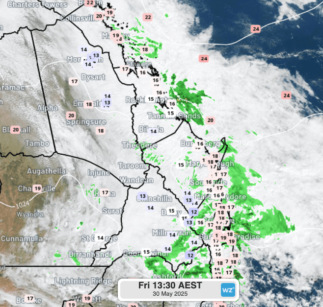 Image: Observed temperatures at 1:30 pm EST on Friday 30th across parts of eastern and southeastern Qld and northeast NSW. Source: Weatherzone