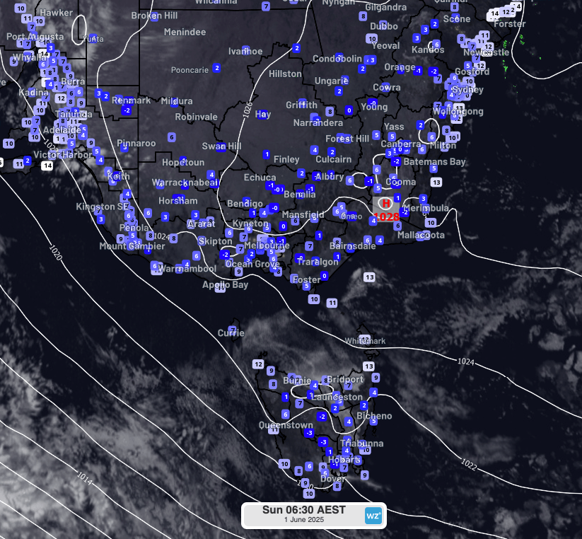 Image: Observed temperatures at 6:30am EST on Sunday 1st June across southeast Australia.. Source: Weatherzone