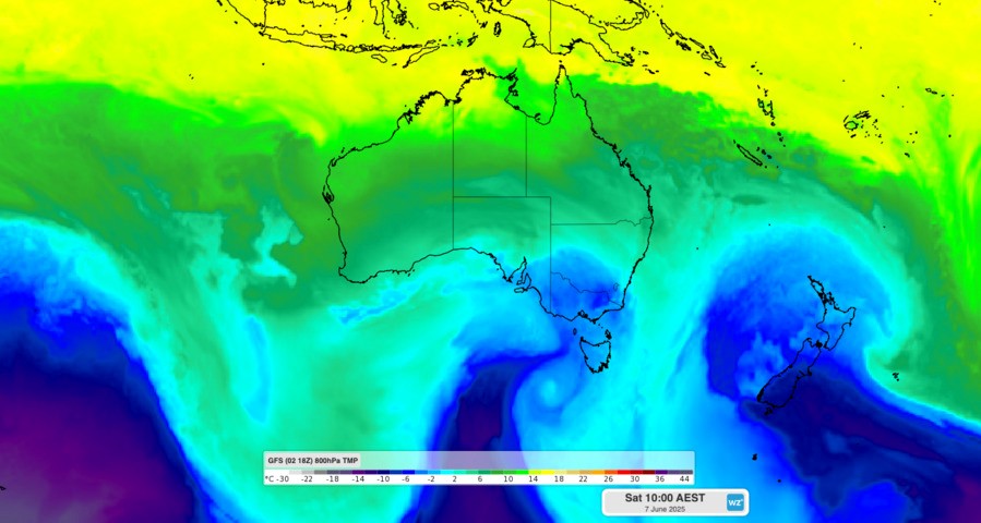 Image: Modelled 800 hPa temperature showing cold air over southeastern Australia on Saturday, June 7. Source: Weatherzone.